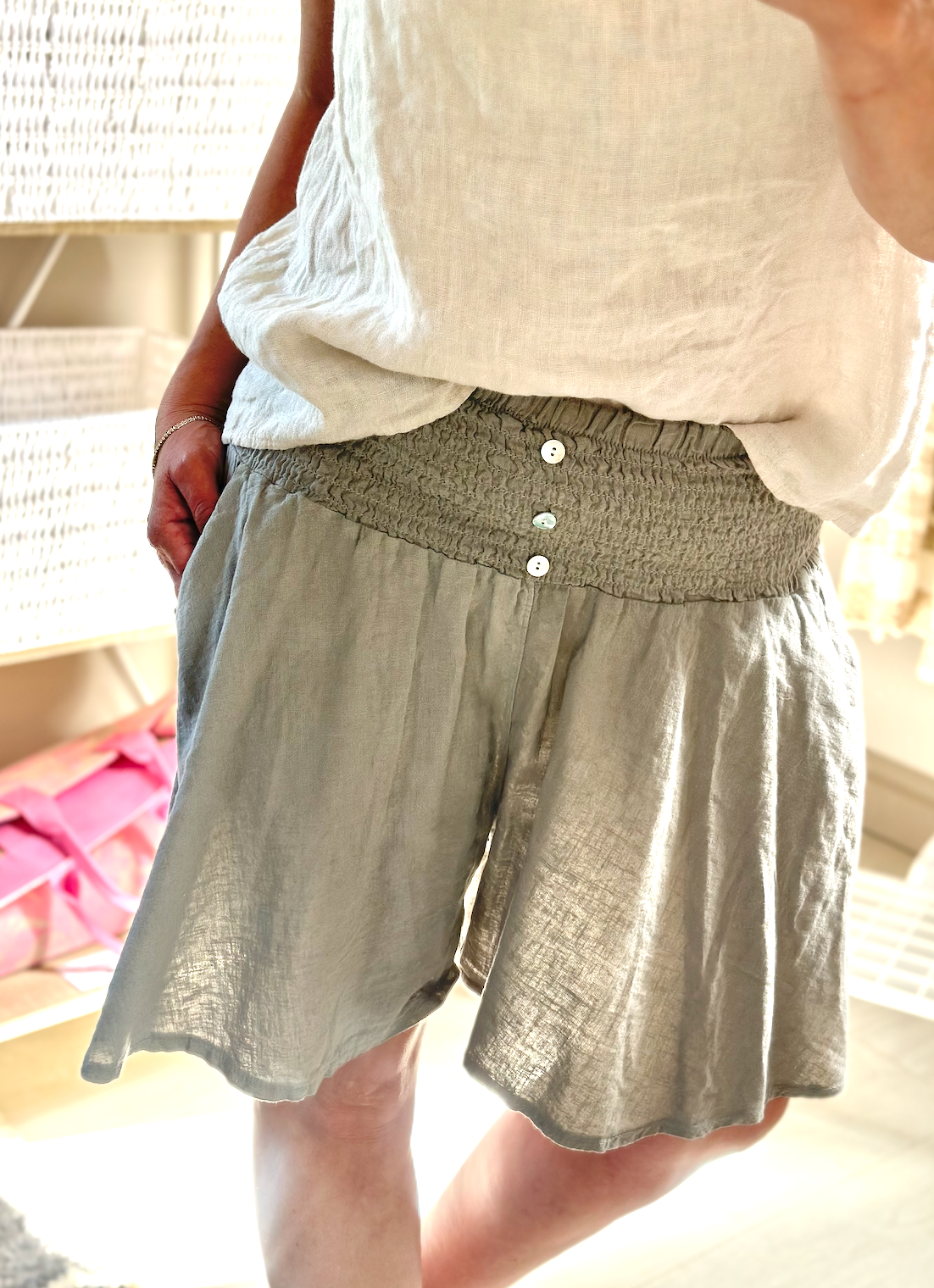 Made in Italy Taupe Linen Mix Elasticated Waist Button Detail Short