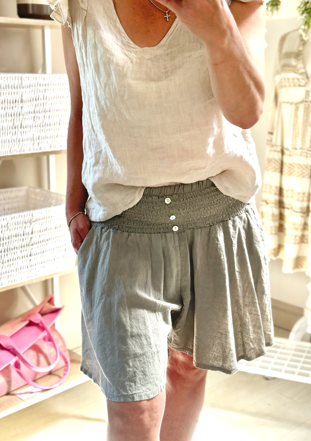 Made in Italy Taupe Linen Mix Elasticated Waist Button Detail Short