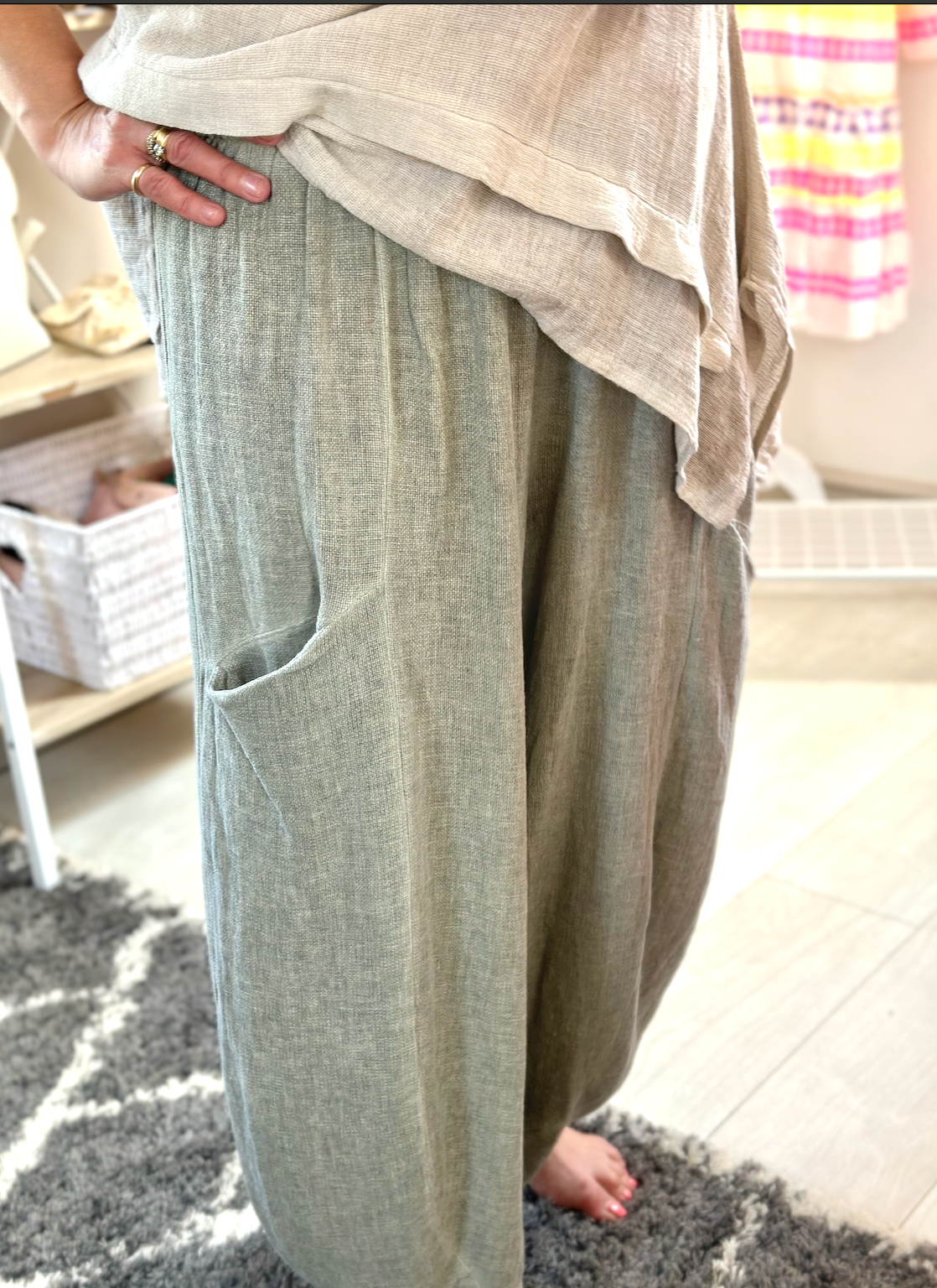 Made in Italy Khaki Front Pocket Washed Linen Trousers