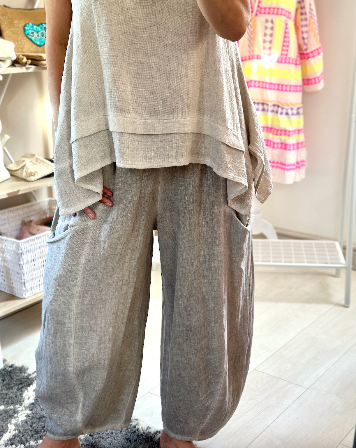 Made in Italy Beige Front Pocket Washed Linen Trousers