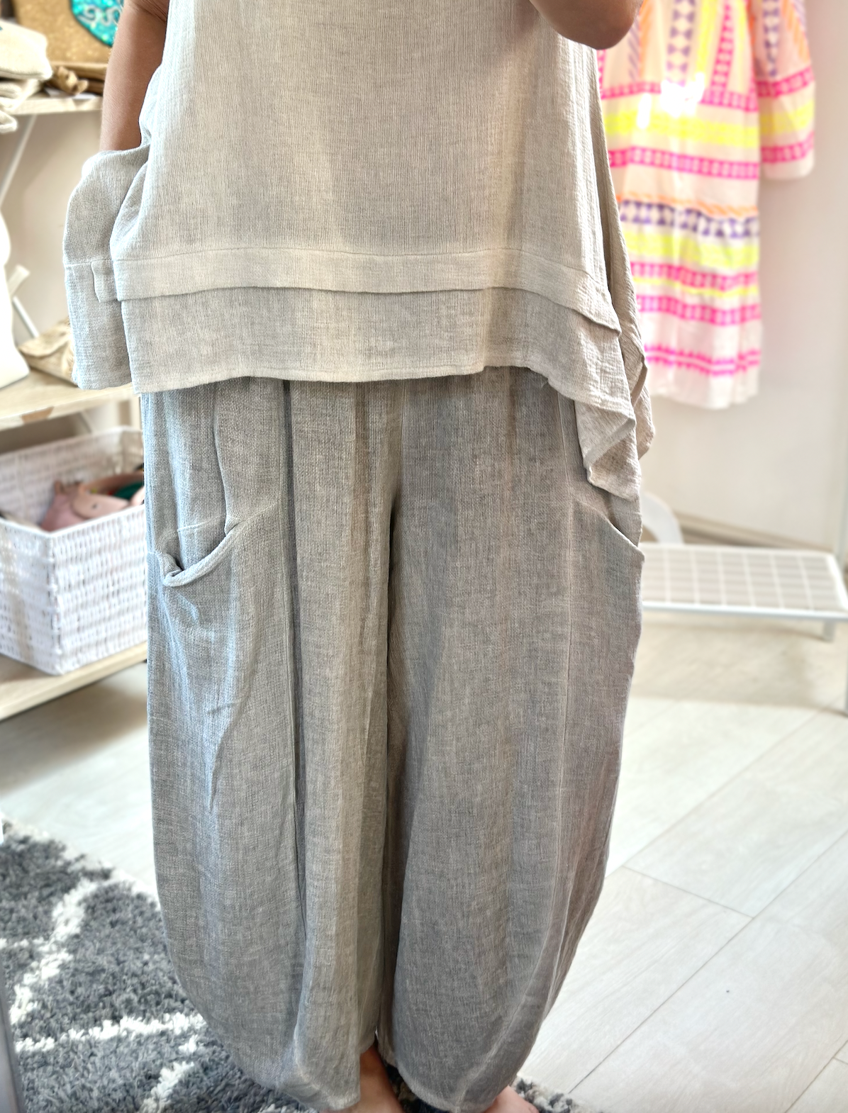Made in Italy Beige Front Pocket Washed Linen Trousers