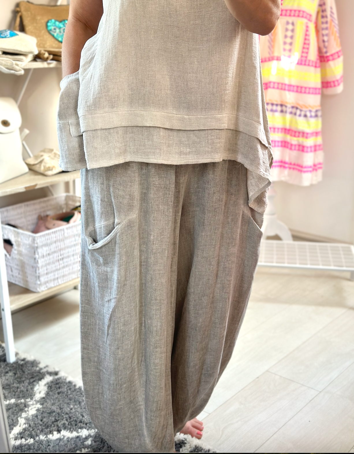 Made in Italy Beige Front Pocket Washed Linen Trousers