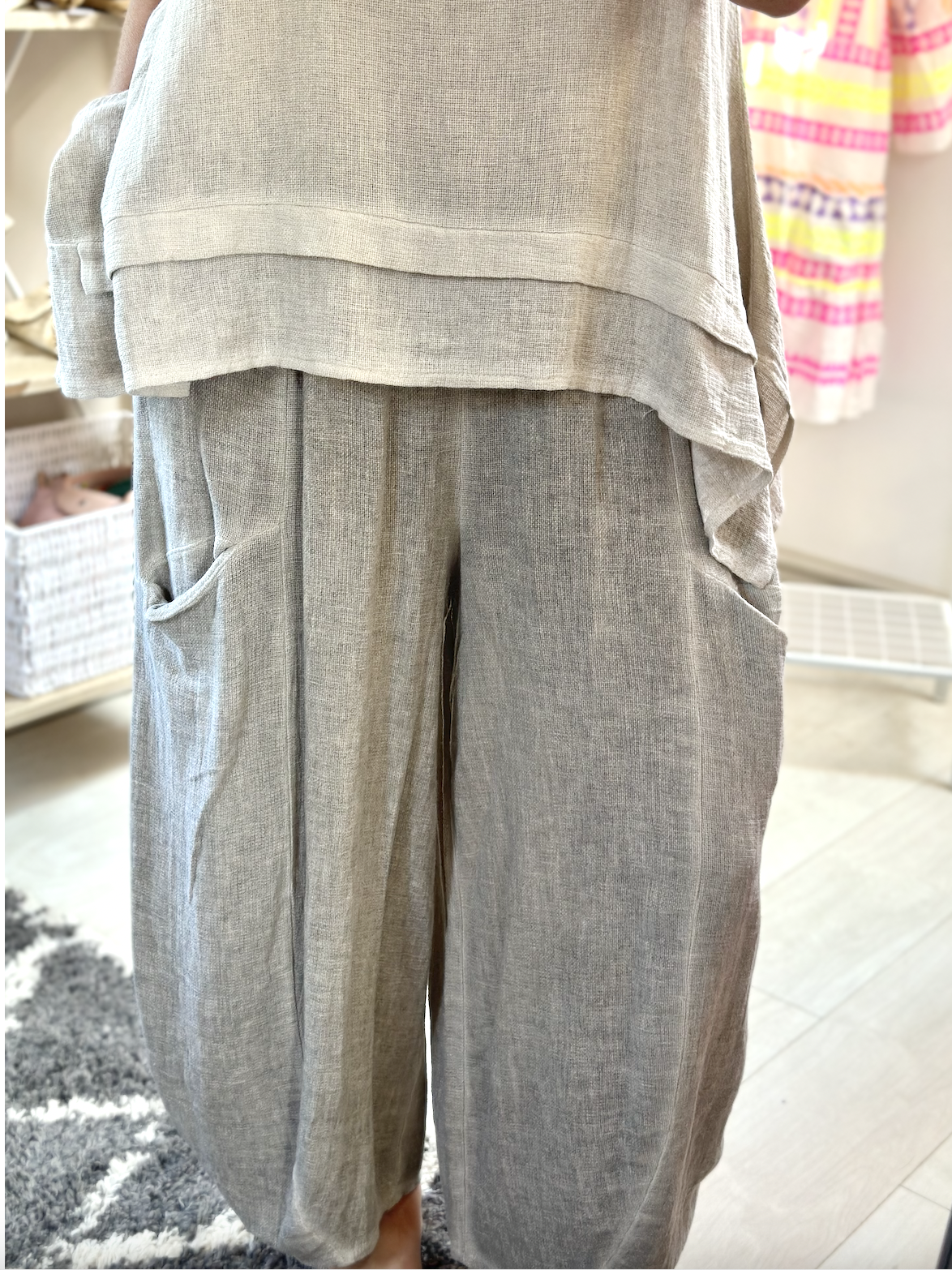 Made in Italy Beige Front Pocket Washed Linen Trousers