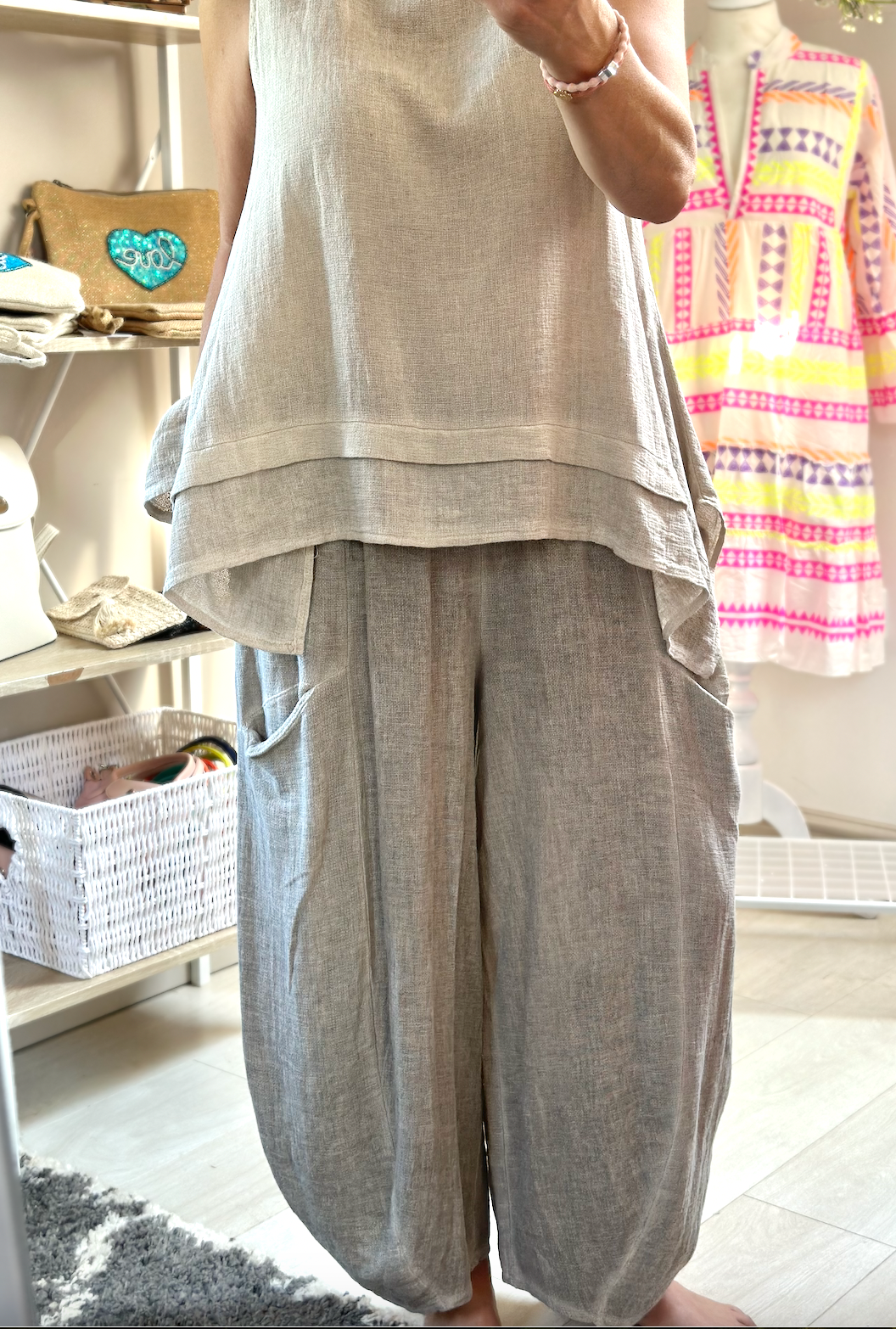 Made in Italy Beige Front Pocket Washed Linen Trousers