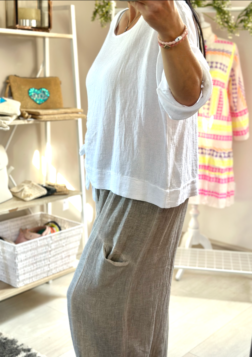 Made in Italy White Ruched Tie Washed Linen Top