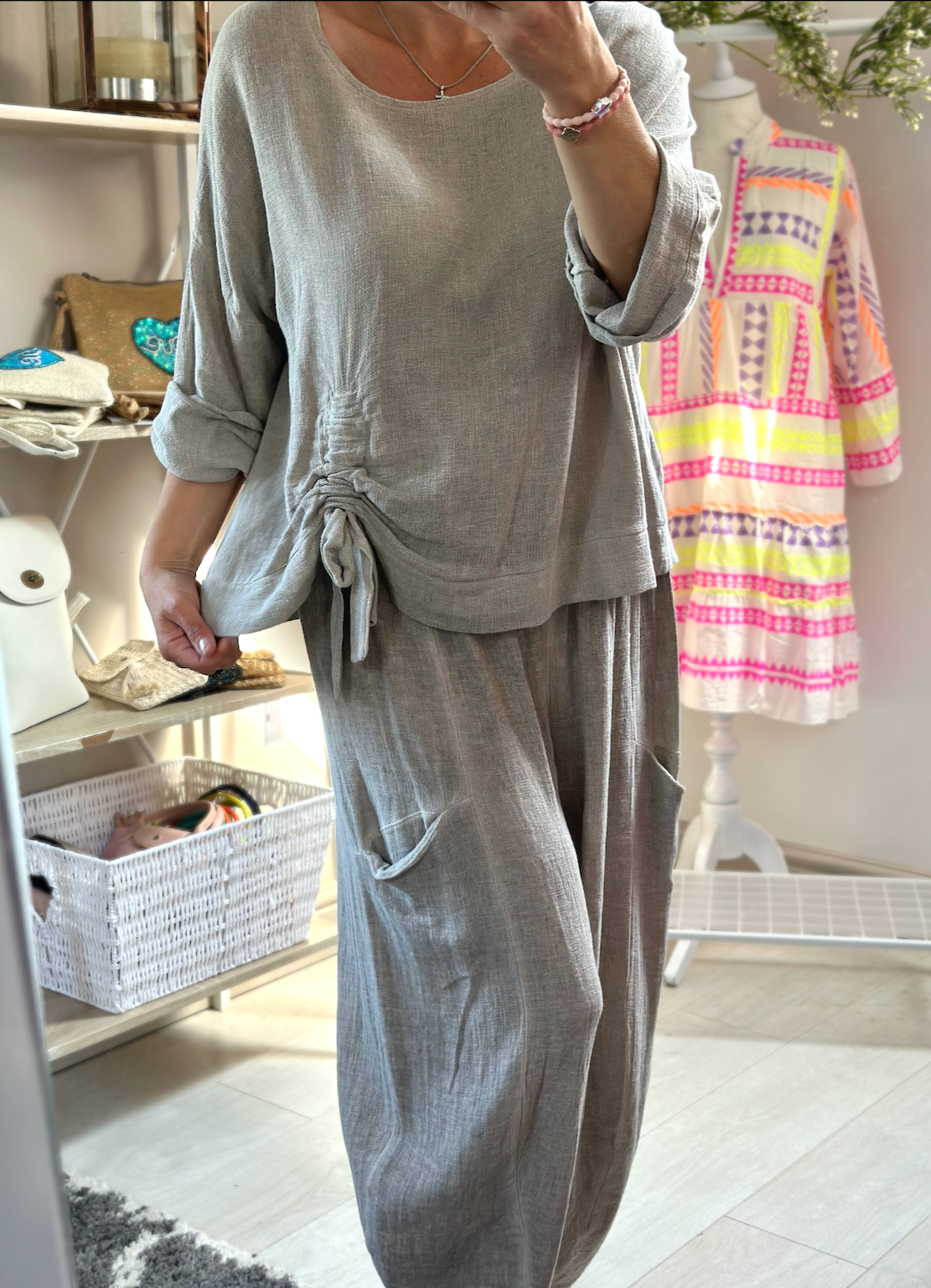 Made in Italy Mocha Ruched Tie Washed Linen Top