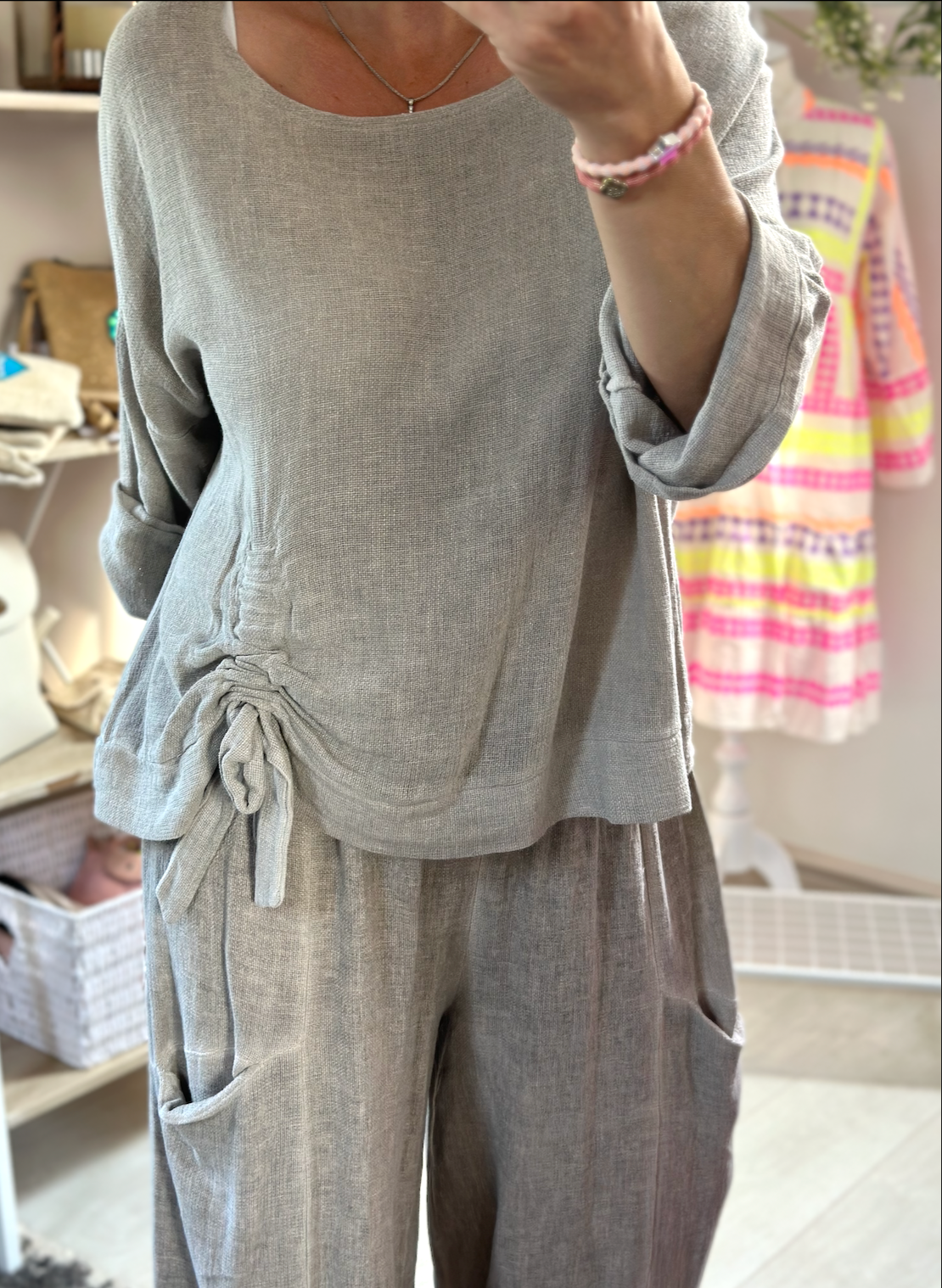 Made in Italy Mocha Ruched Tie Washed Linen Top