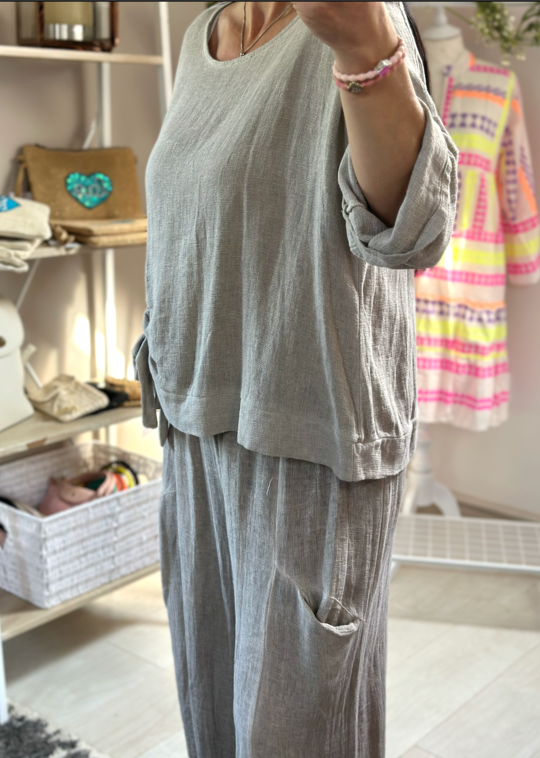 Made in Italy Mocha Ruched Tie Washed Linen Top