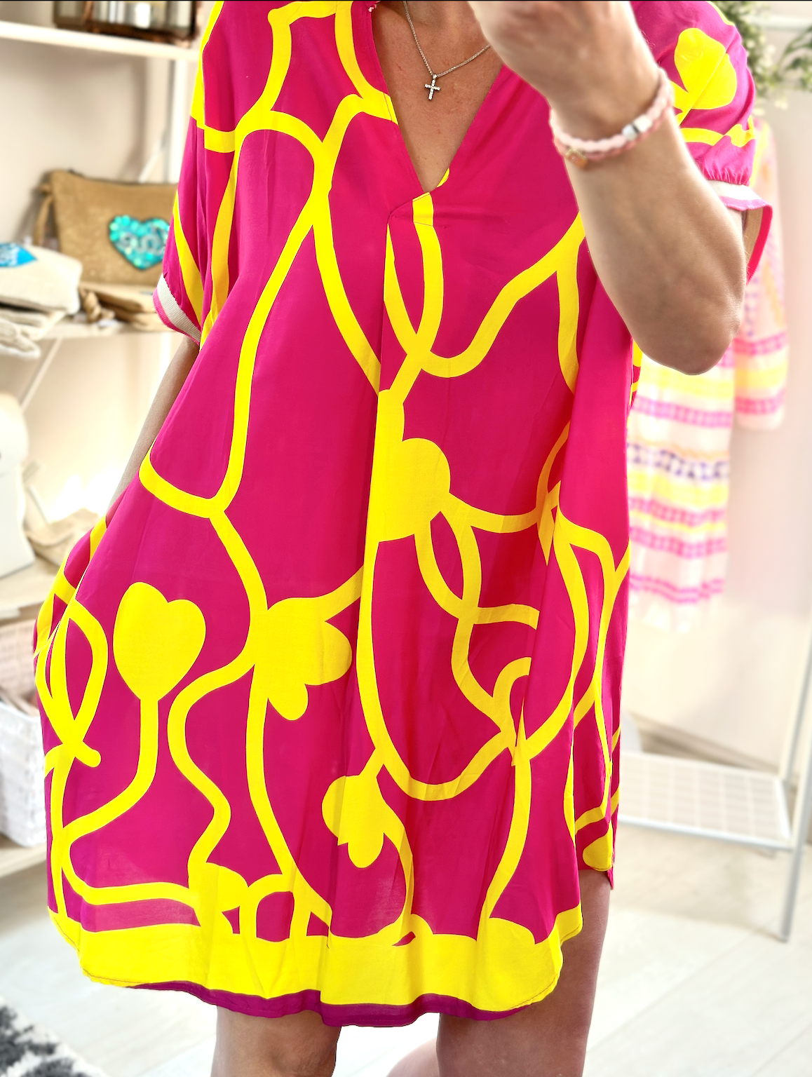 Made in Italy Pink and Yellow Heart Print Side Pocket V-Neck Tunic