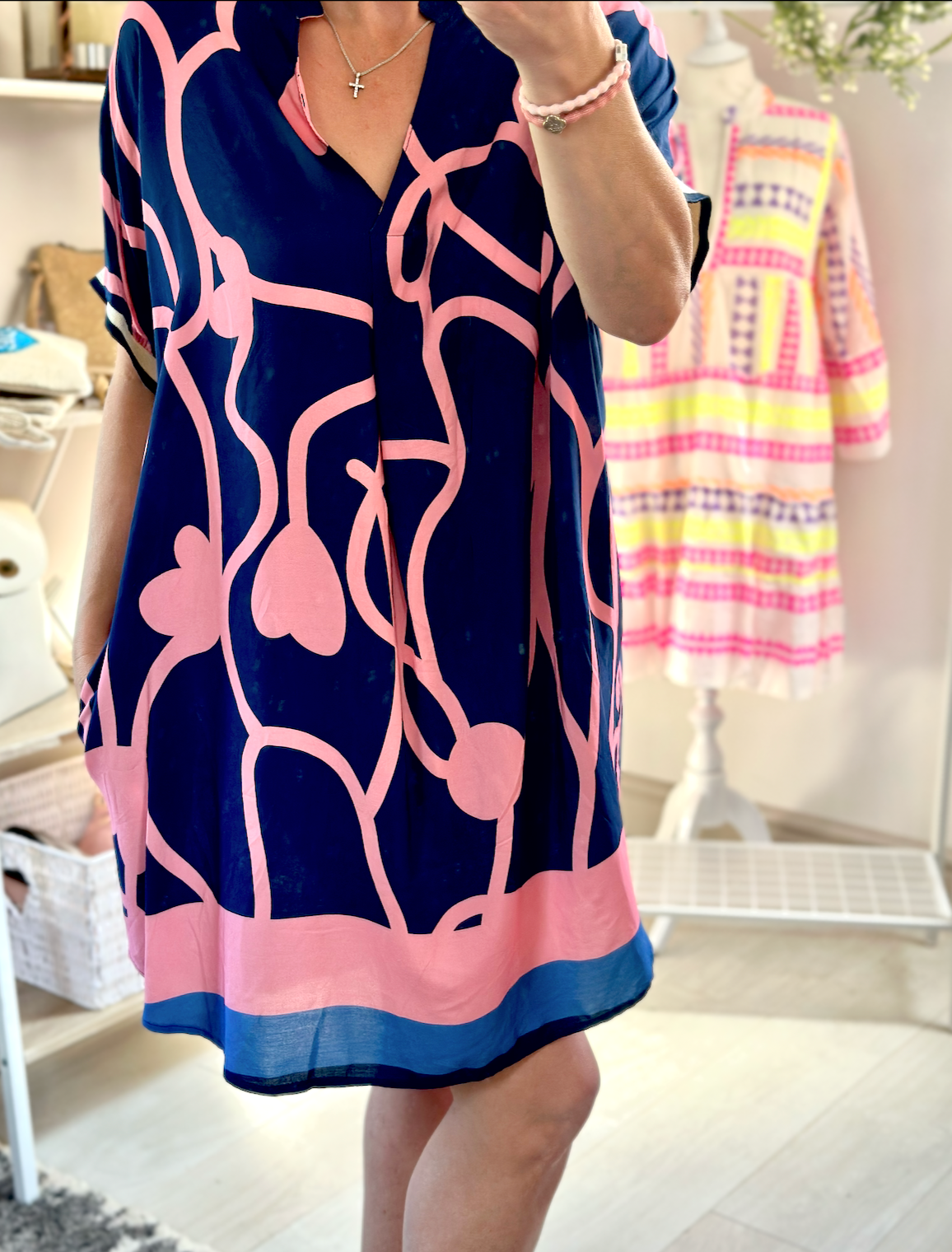 Made in Italy Navy and Pink Heart Print Side Pocket V-Neck Tunic