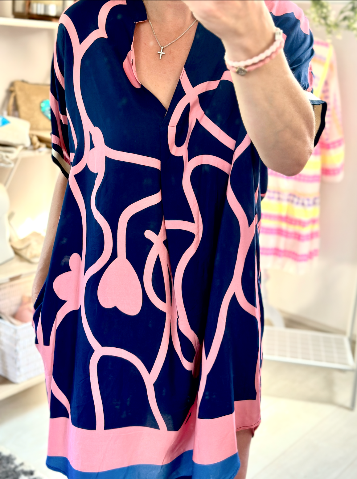 Made in Italy Navy and Pink Heart Print Side Pocket V-Neck Tunic