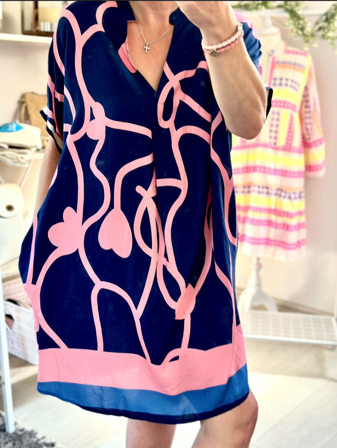 Made in Italy Navy and Pink Heart Print Side Pocket V-Neck Tunic