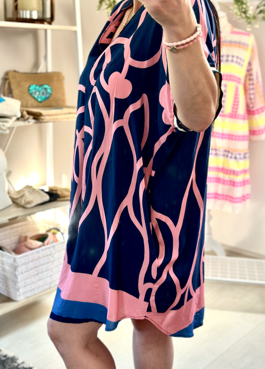 Made in Italy Navy and Pink Heart Print Side Pocket V-Neck Tunic