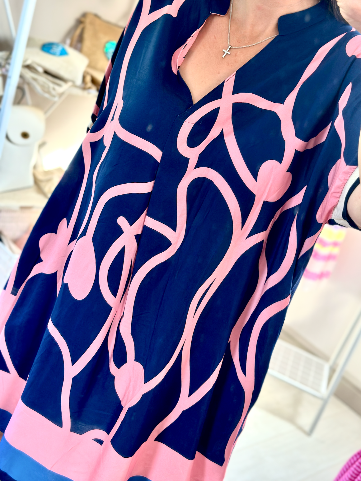 Made in Italy Navy and Pink Heart Print Side Pocket V-Neck Tunic