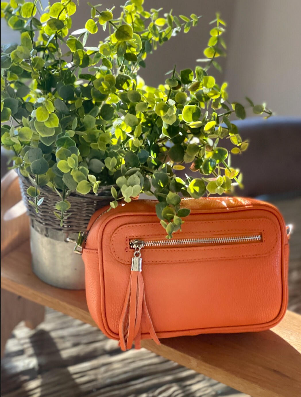 Made in Italy Orange Side Tassel Leather Camera Bag Crossbody Bag Handbag Crossbody Strap