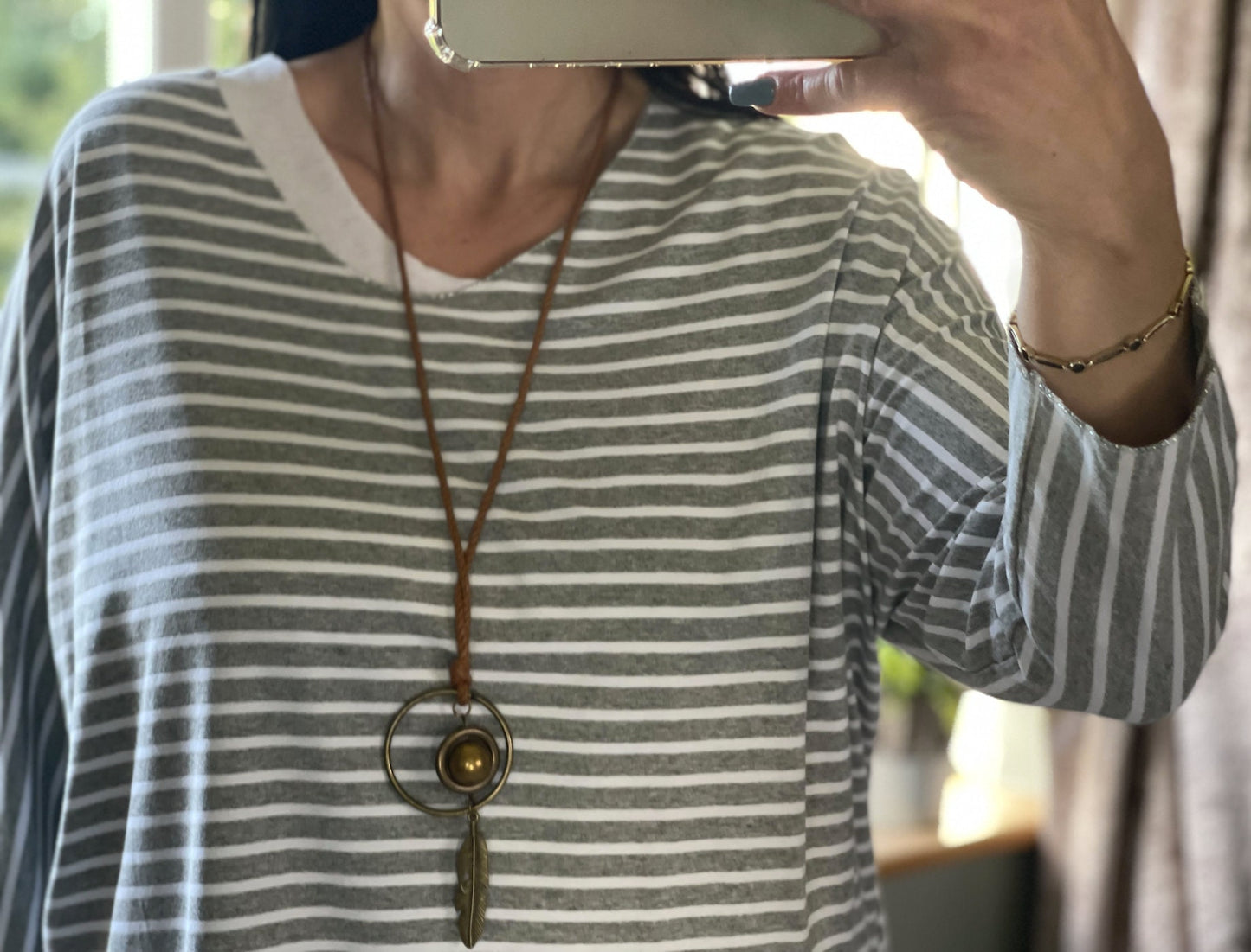 Made in Italy Grey and White Striped 2 in 1 Top with Necklace