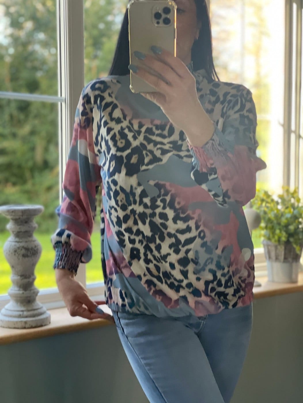 Made in Italy Patterend Navy and Pink High Neck Blouse