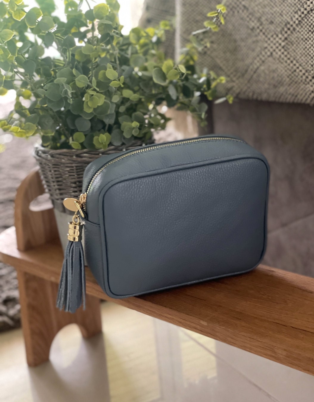 Made in Italy Blue Grey Gold Side Tassel Leather Camera Bag Crossbody Bag Handbag Crossbody Strap