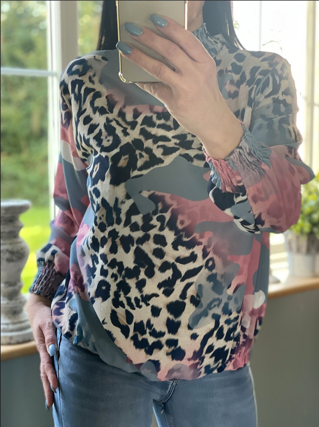 Made in Italy Patterend Navy and Pink High Neck Blouse