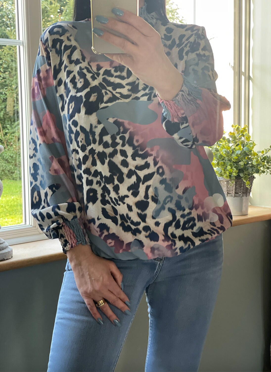 Made in Italy Patterend Navy and Pink High Neck Blouse