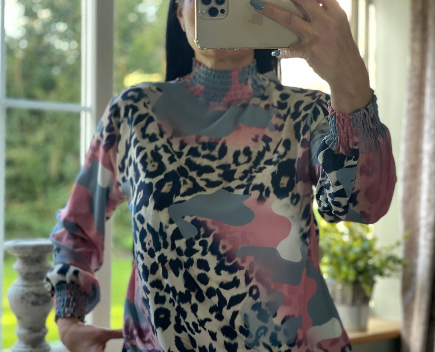 Made in Italy Patterend Navy and Pink High Neck Blouse