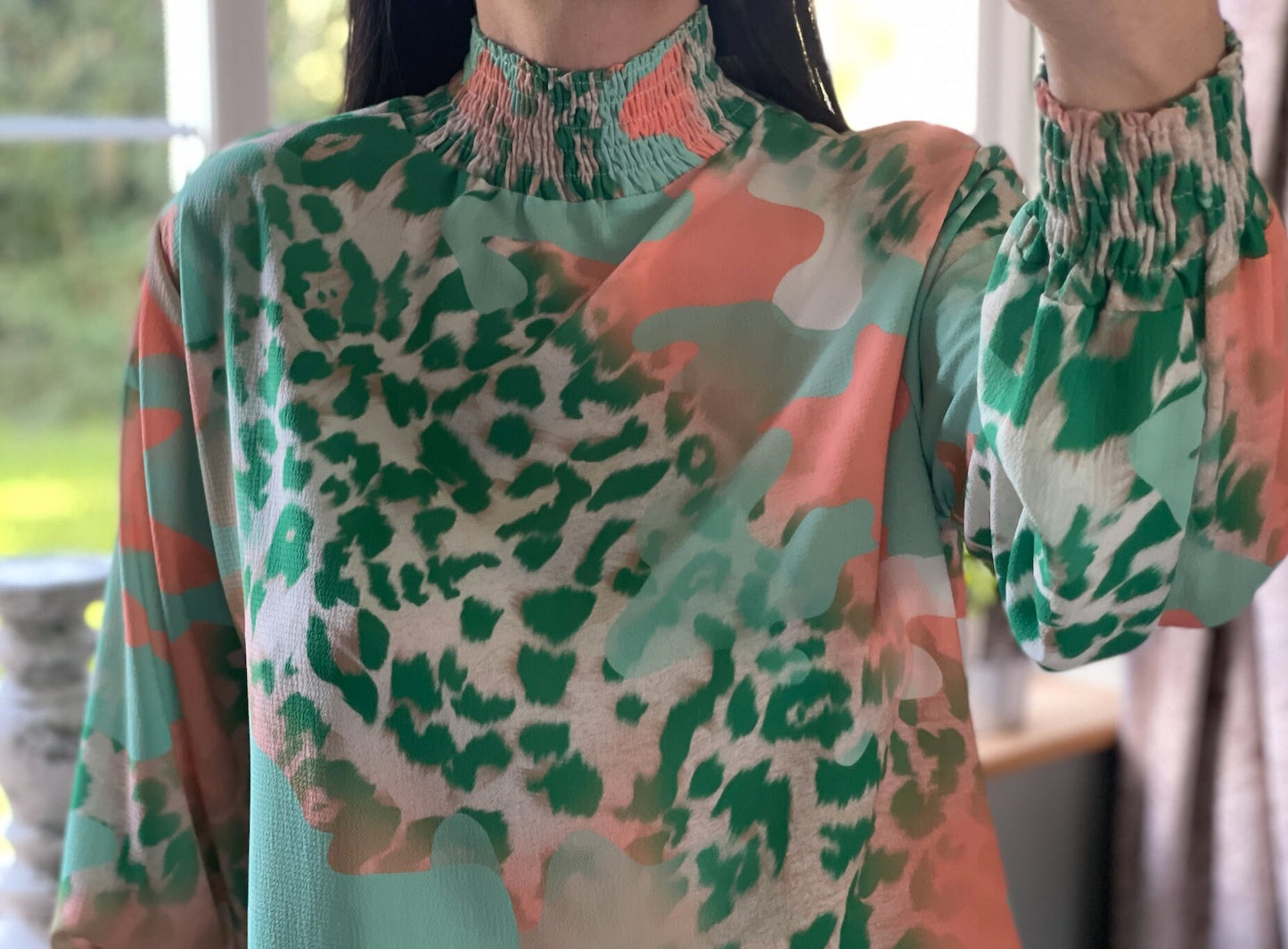 Made in Italy Patterend Light Green and Peach High Neck Blouse