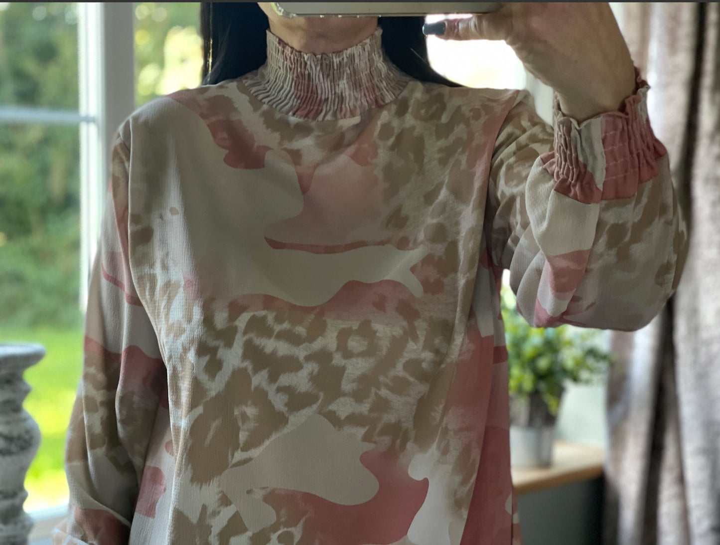 Made in Italy Beige and Dusky Pink Patterend k High Neck Blouse