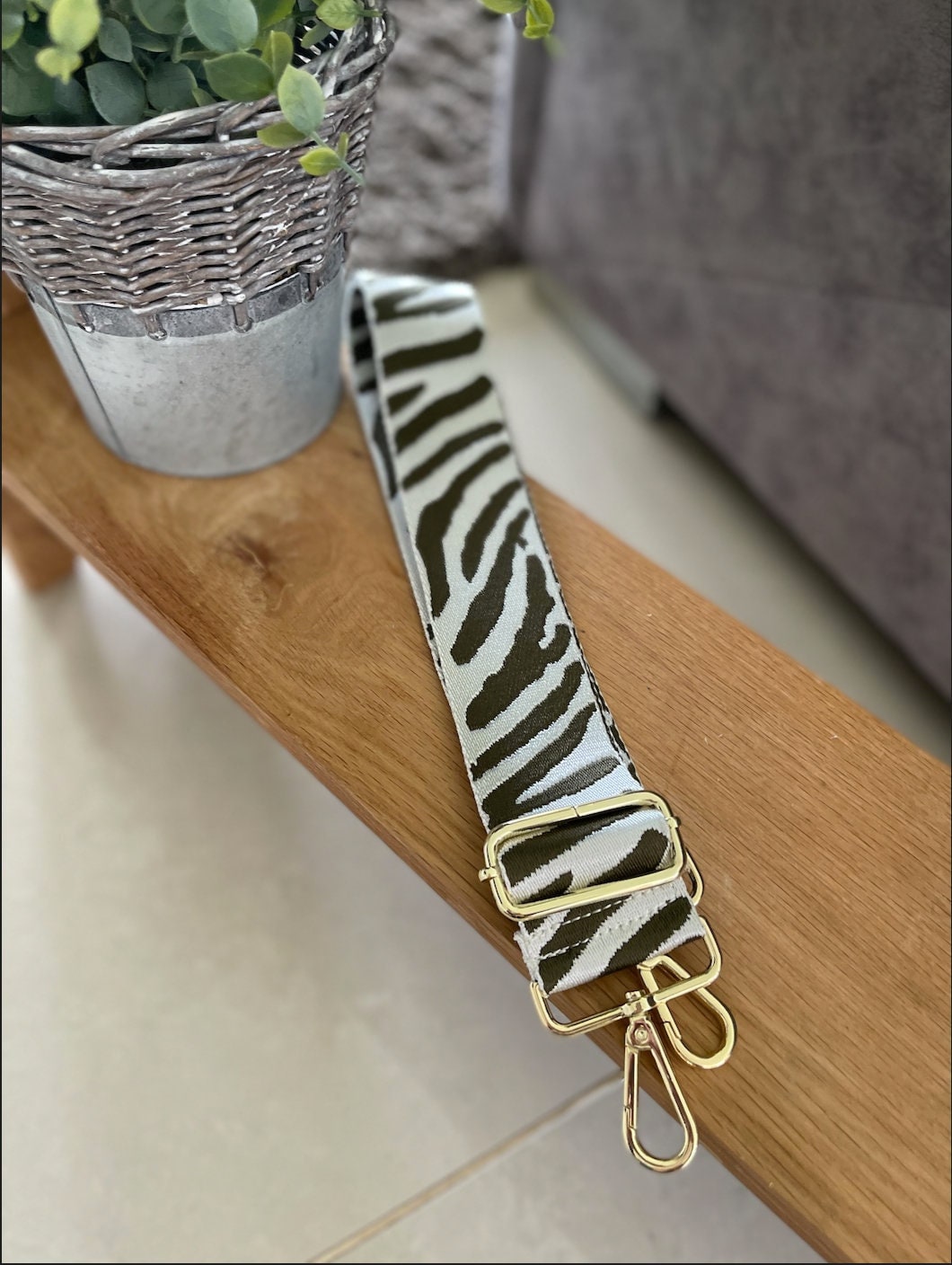 Off White and Khaki Zebra Print GOLD CLIPS Handbag Straps, Detachable Bag Strap, Crossbody Long Strap, Clip On Bag Strap