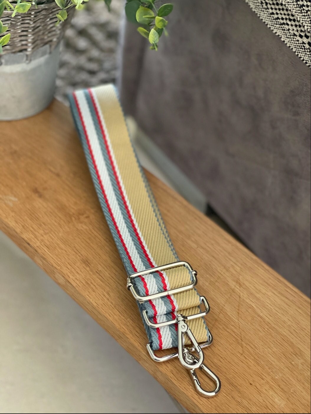 Beige and Blue Stripe Handbag Straps, Detachable Bag Strap, Crossbody Long Strap, Clip On Bag Strap