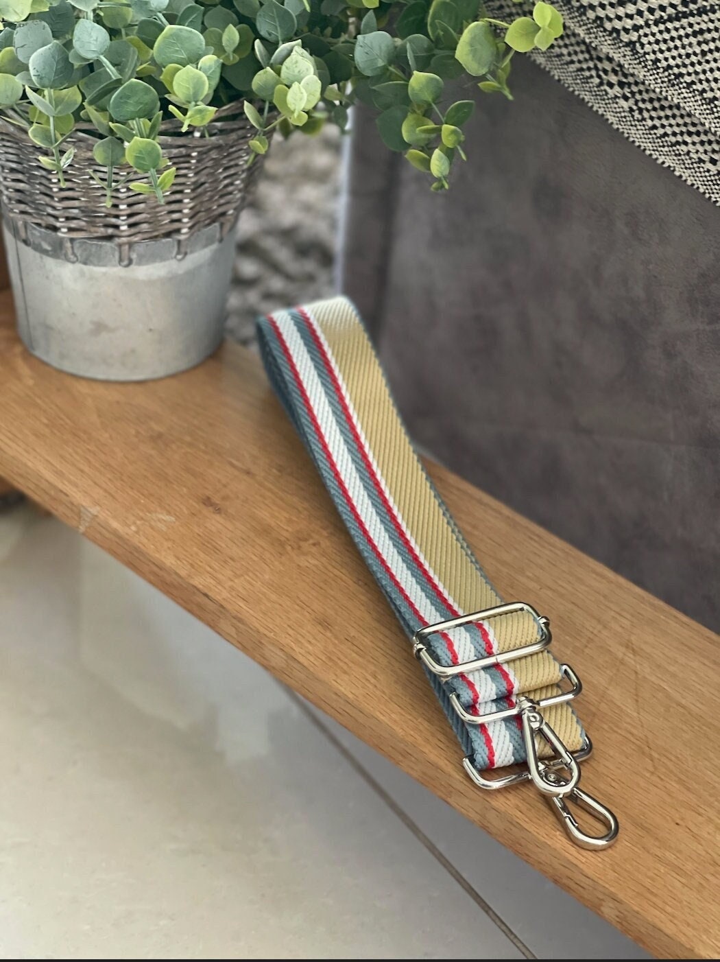Beige and Blue Stripe Handbag Straps, Detachable Bag Strap, Crossbody Long Strap, Clip On Bag Strap