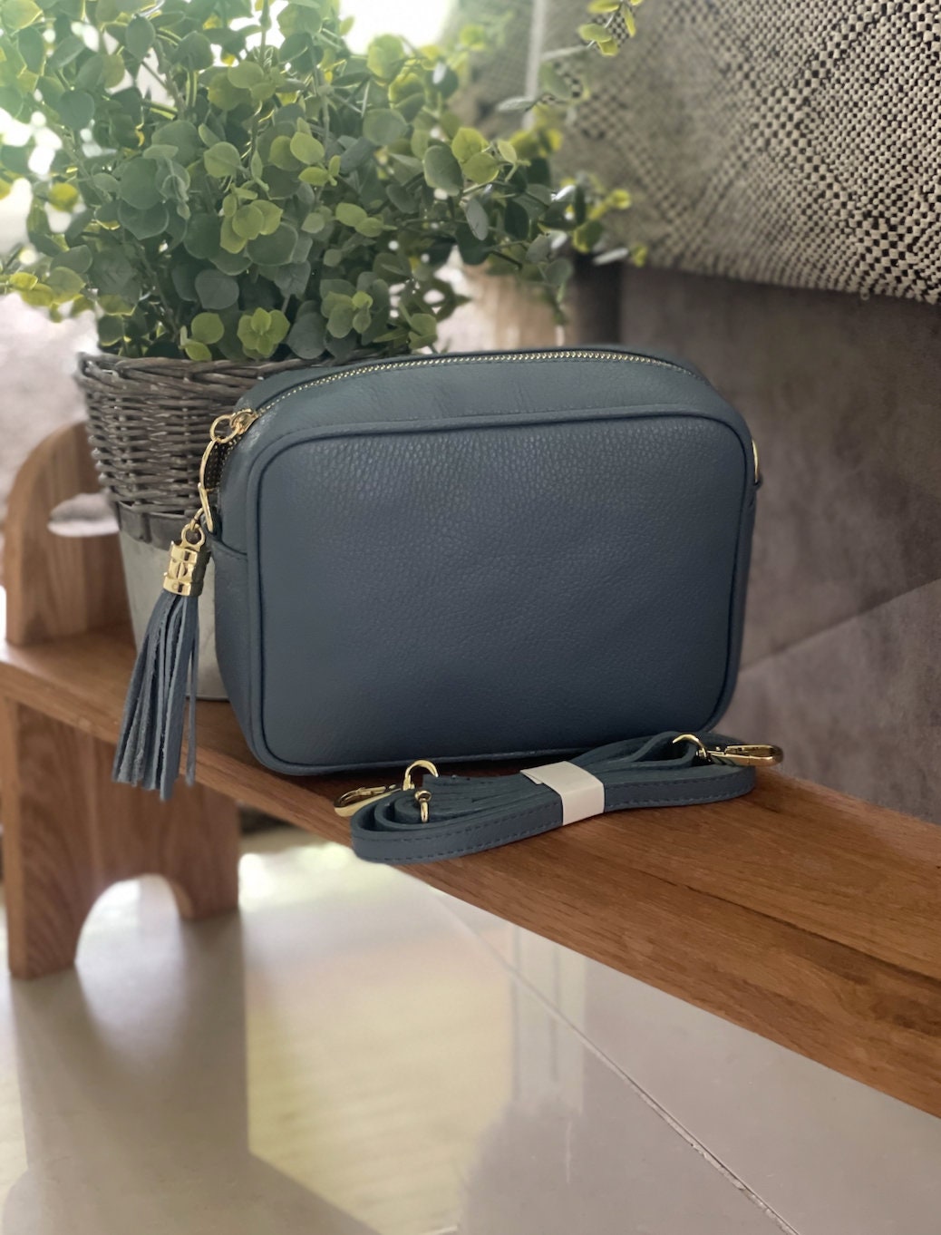 Made in Italy Blue Grey Gold Side Tassel Leather Camera Bag Crossbody Bag Handbag Crossbody Strap