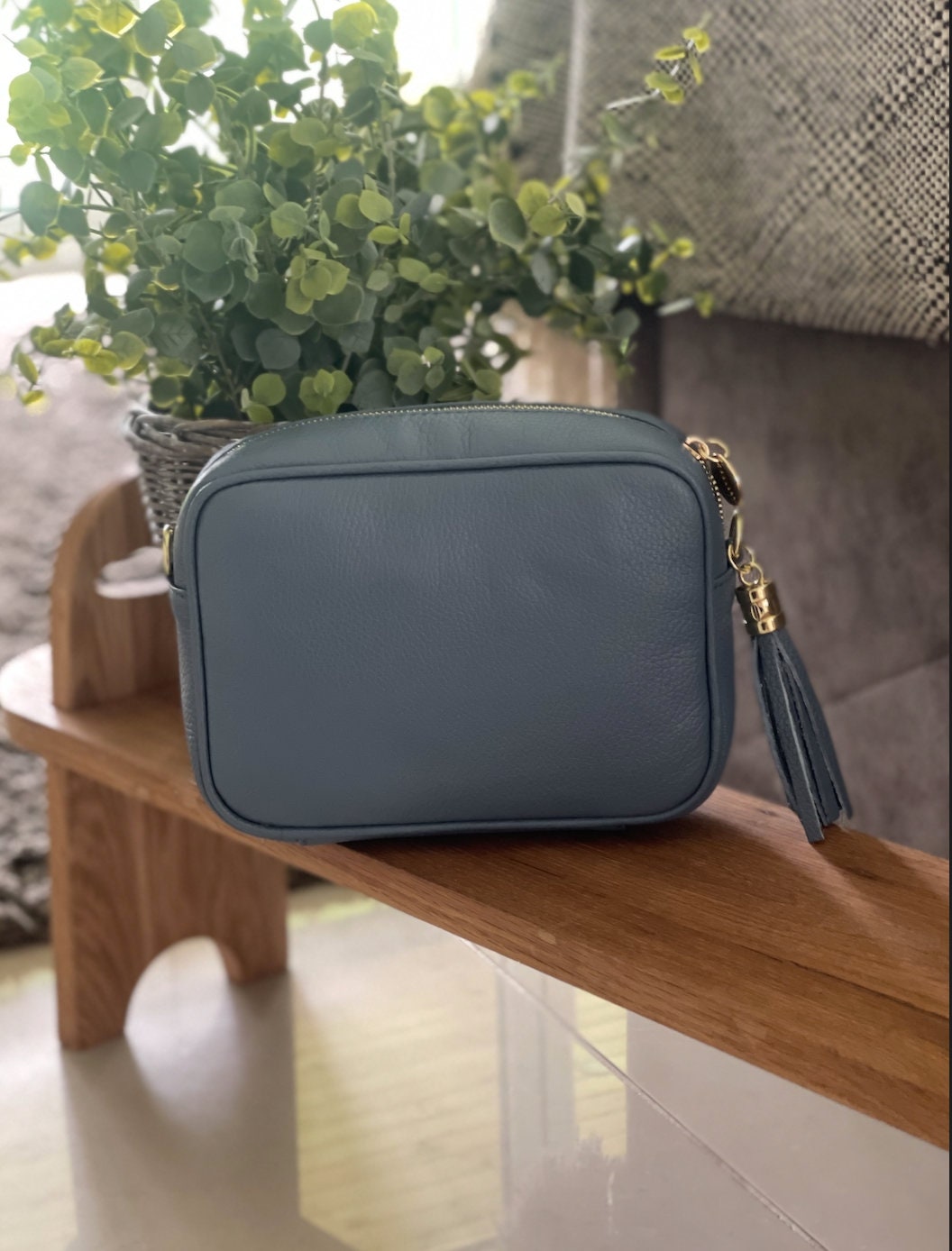 Made in Italy Blue Grey Gold Side Tassel Leather Camera Bag Crossbody Bag Handbag Crossbody Strap