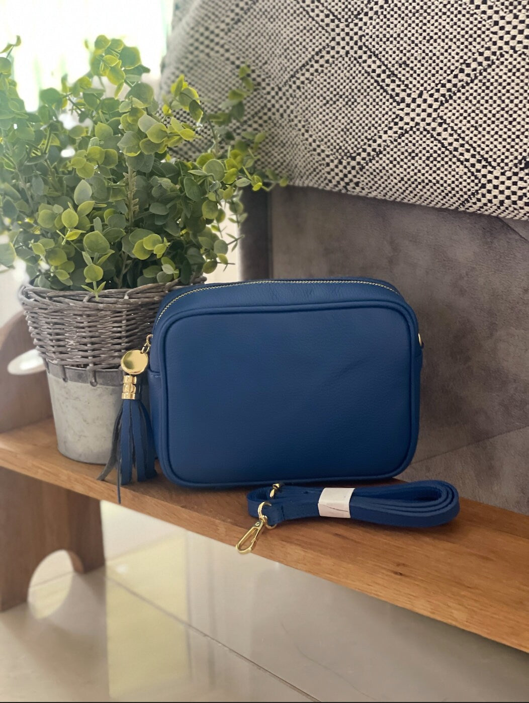 Made in Italy Royal Blue GOLD Hardware Side Tassel Leather Camera Bag Crossbody Bag Handbag Crossbody Strap
