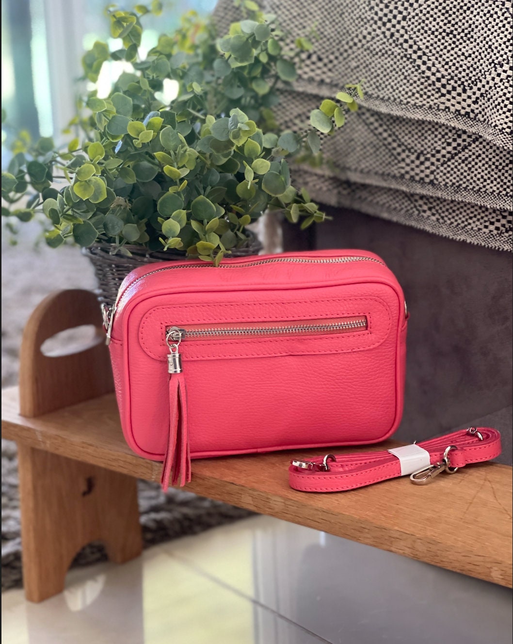 Made in Italy Coral Pink Side Tassel Leather Camera Bag Crossbody Bag Handbag Crossbody Strap