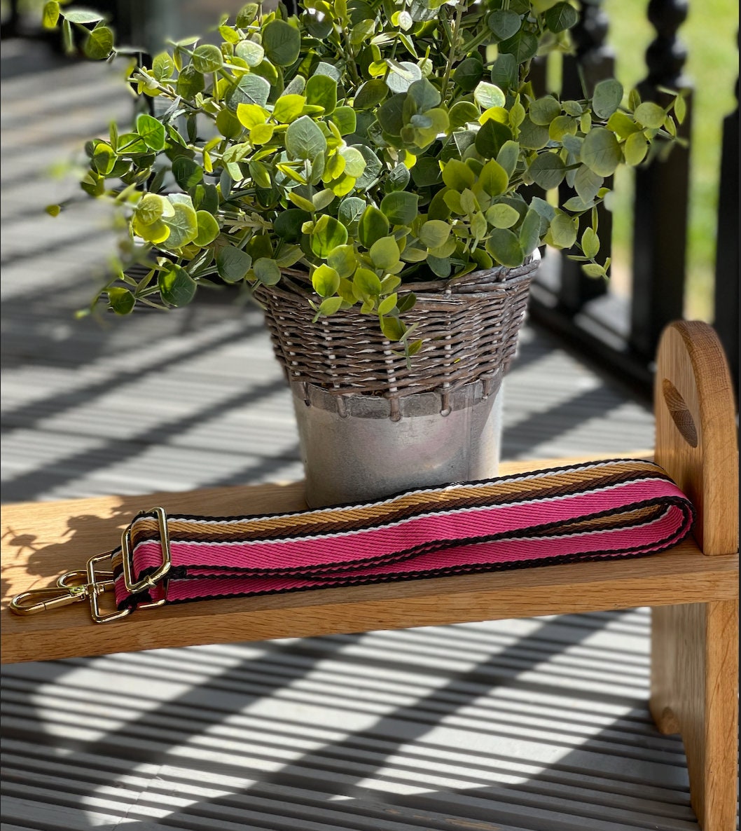 Pink and Brown Stripe Handbag Straps, Detachable Bag Strap, Crossbody Long Strap, Clip On Bag Strap GOLD Hardware