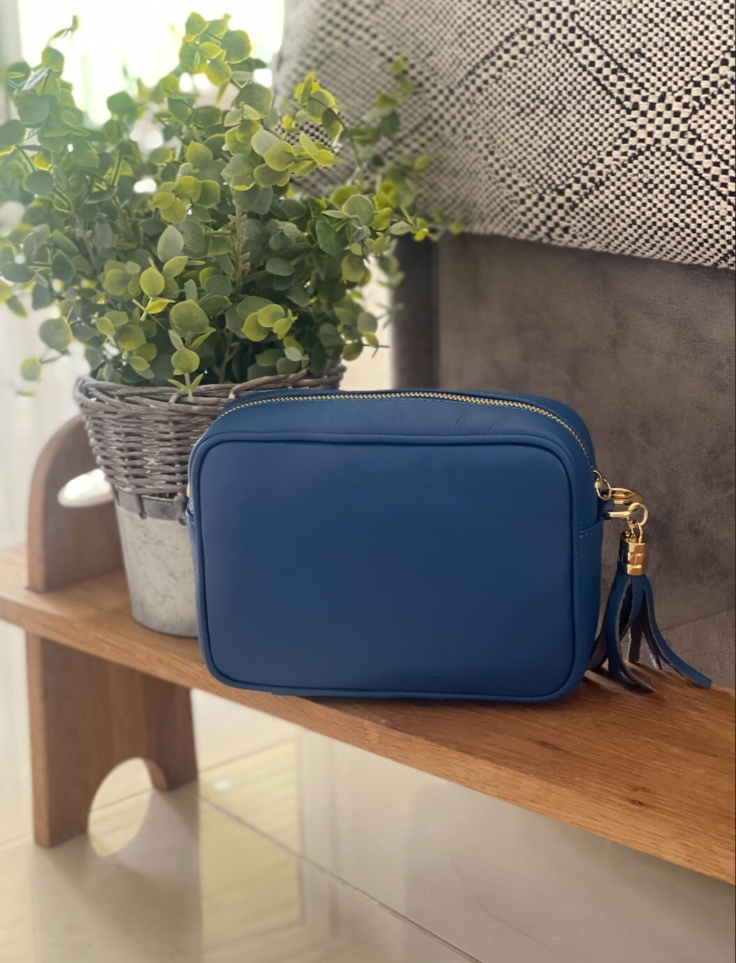 Made in Italy Royal Blue GOLD Hardware Side Tassel Leather Camera Bag Crossbody Bag Handbag Crossbody Strap
