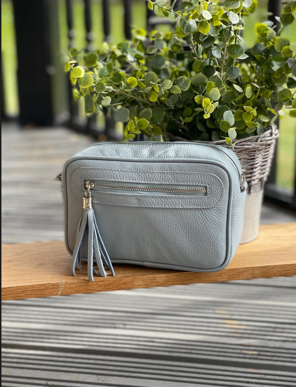 Made in Italy Baby Blue Side Tassel Leather Camera Bag Crossbody Bag Handbag Crossbody Strap