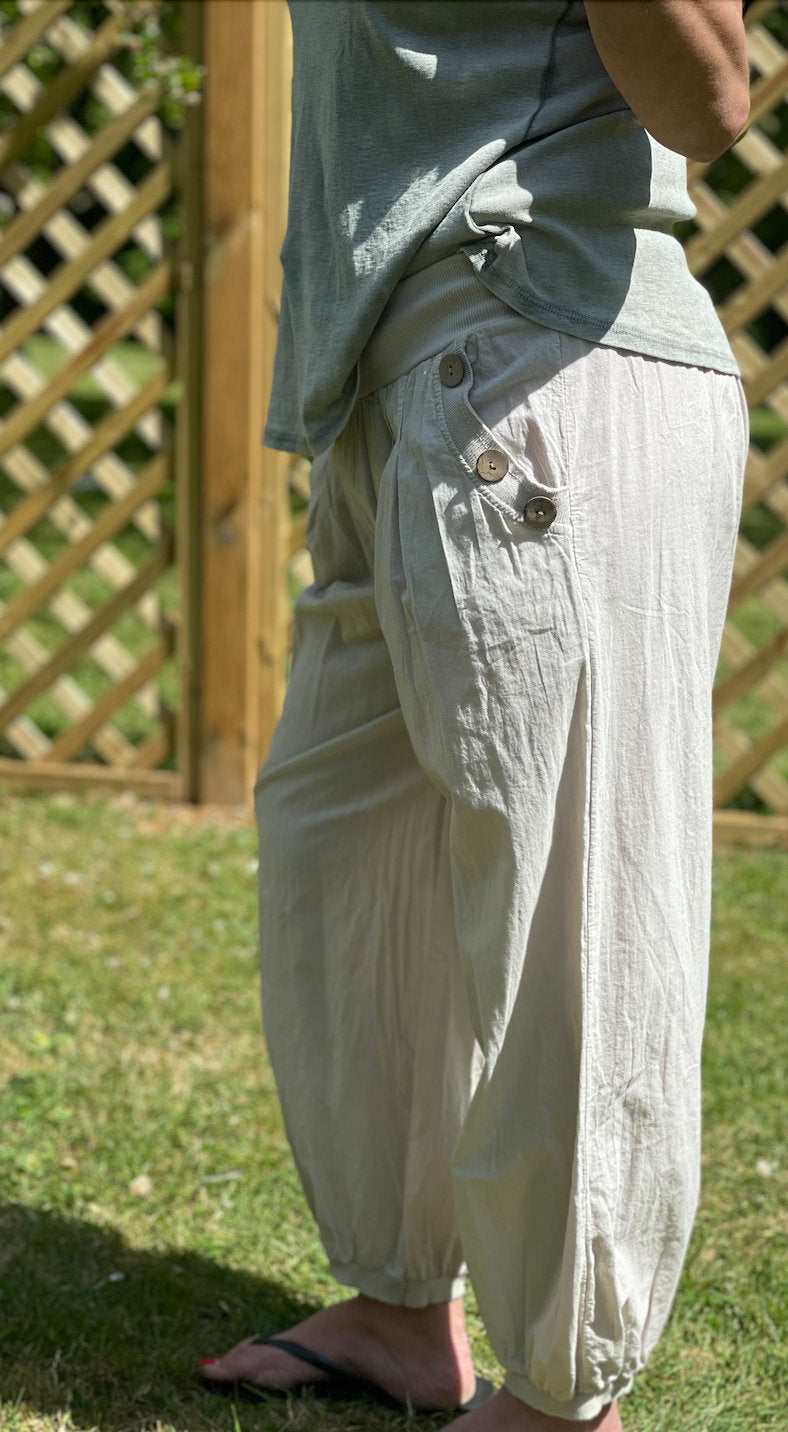 Made in Italy Beige Button Pocket Detail Harem Pants Trousers