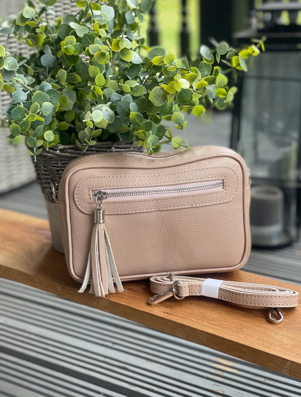 Made in Italy Dusky Pink Side Tassel Leather Camera Bag Crossbody Bag Handbag Crossbody Strap