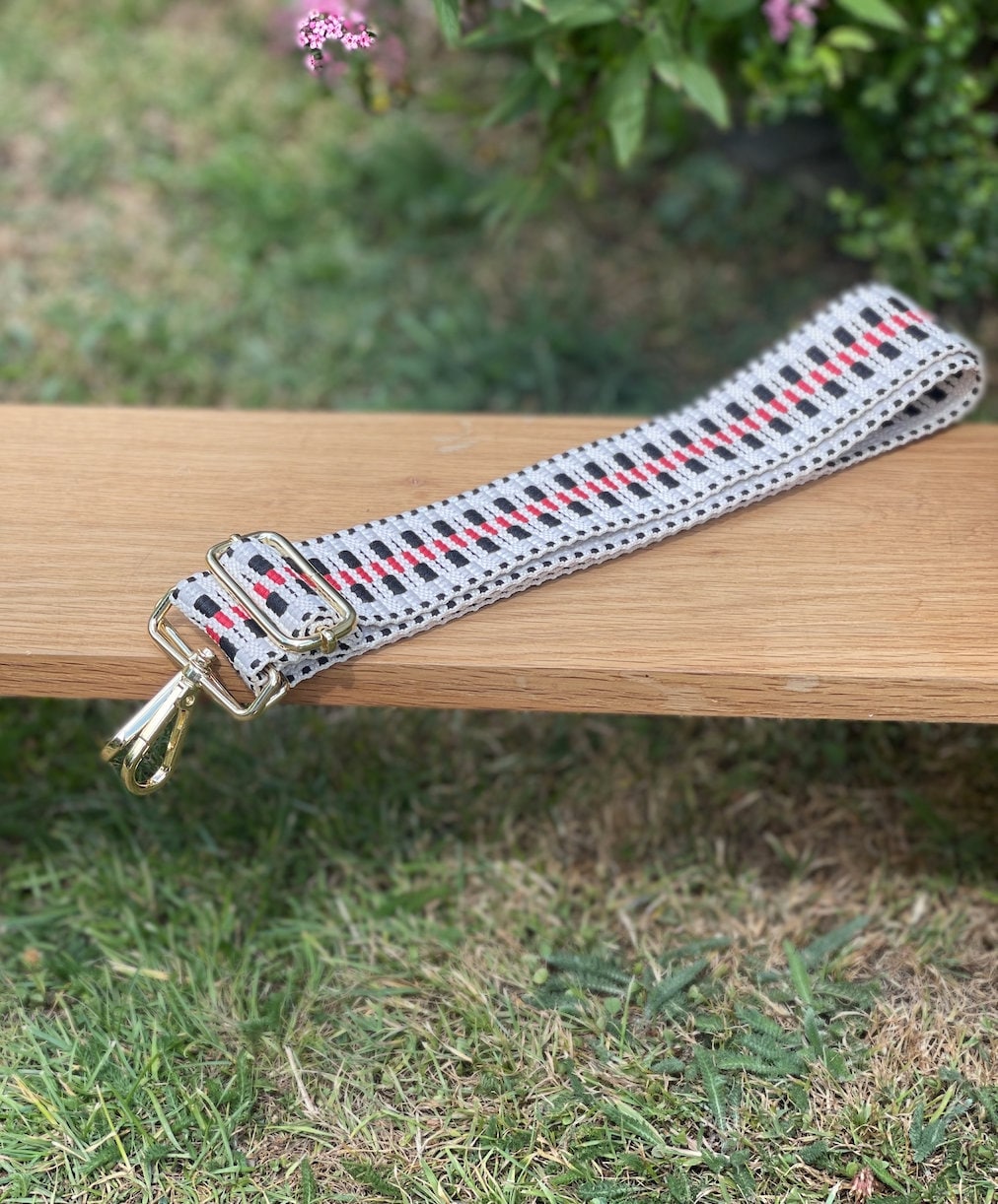 Black and Red Patterned Handbag Straps, Detachable Bag Strap, Crossbody Long Strap, Clip On Bag Strap GOLD Hardware