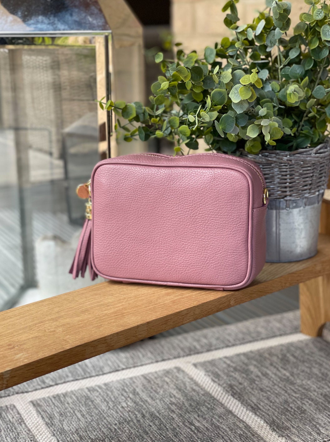 Made in Italy Rose Pink Genuine Leather Gold Side Tassel Leather Camera Bag Crossbody Bag Handbag Crossbody Strap