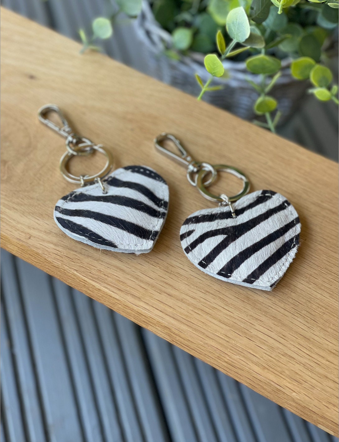 Leather Heart Zebra Fur Keyring/Fob for Bag or Keys, Genuine Textured Leather,