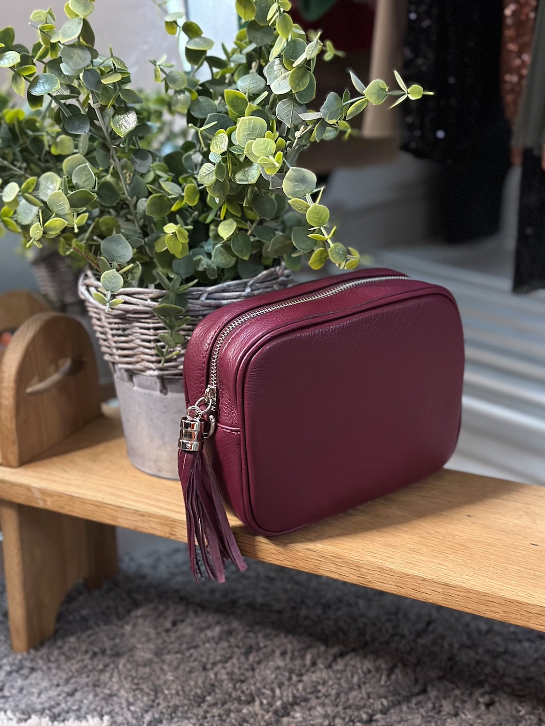 Made in Italy Burgundy Side Tassel Leather Camera Bag Crossbody Bag Handbag Crossbody Strap