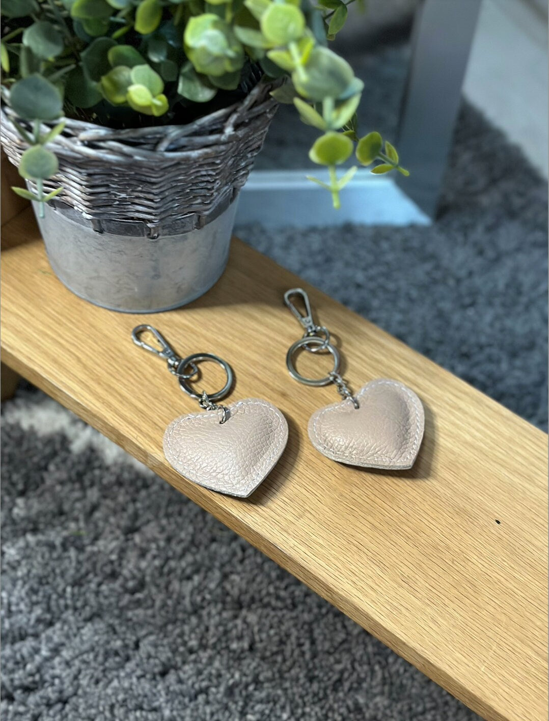 Leather Heart Beige Keyring/Fob for Bag or Keys, Genuine Textured Leather,