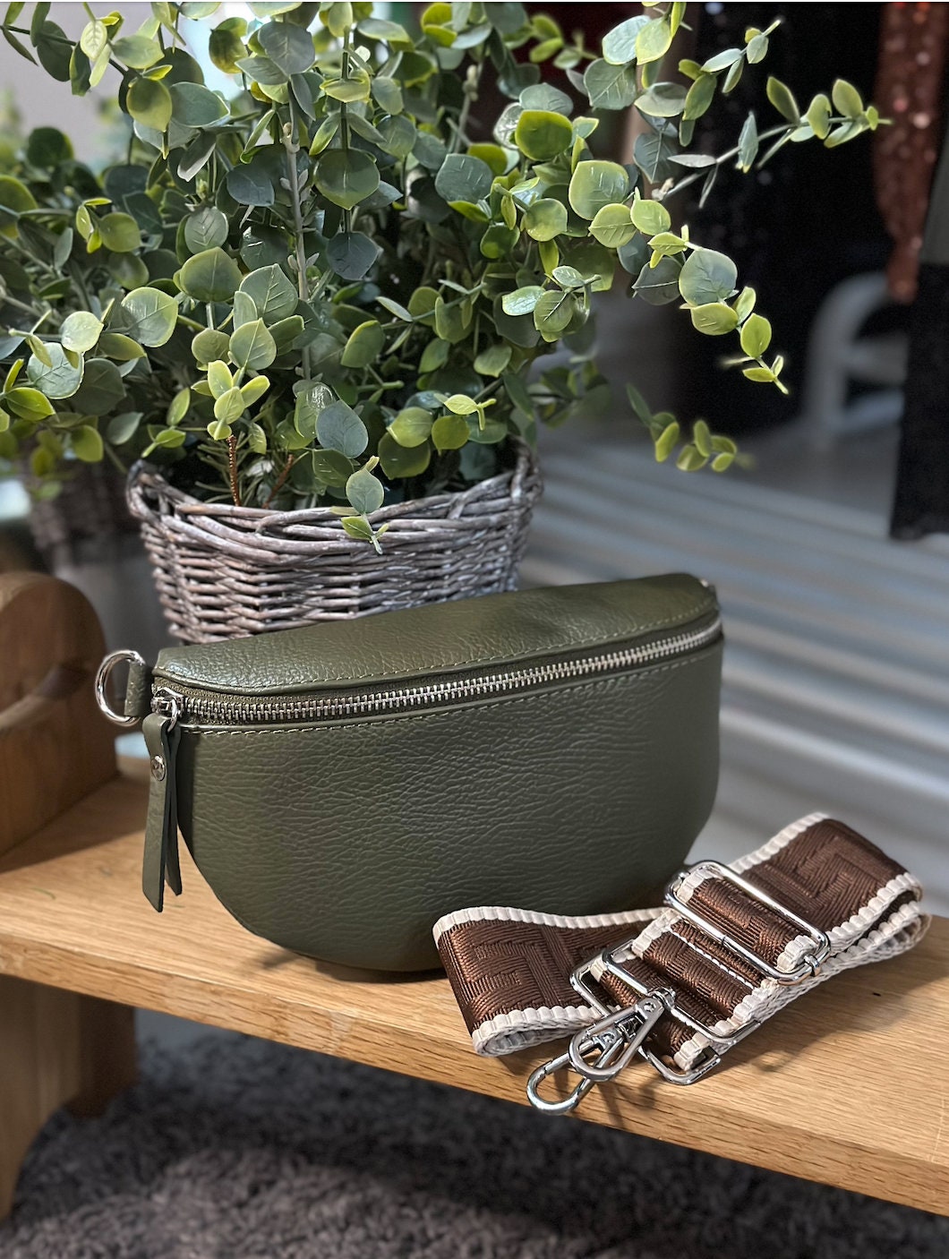 Made in Italy Khaki Italian Leather Hip Bag Bum Bag Small Crossbody Bag