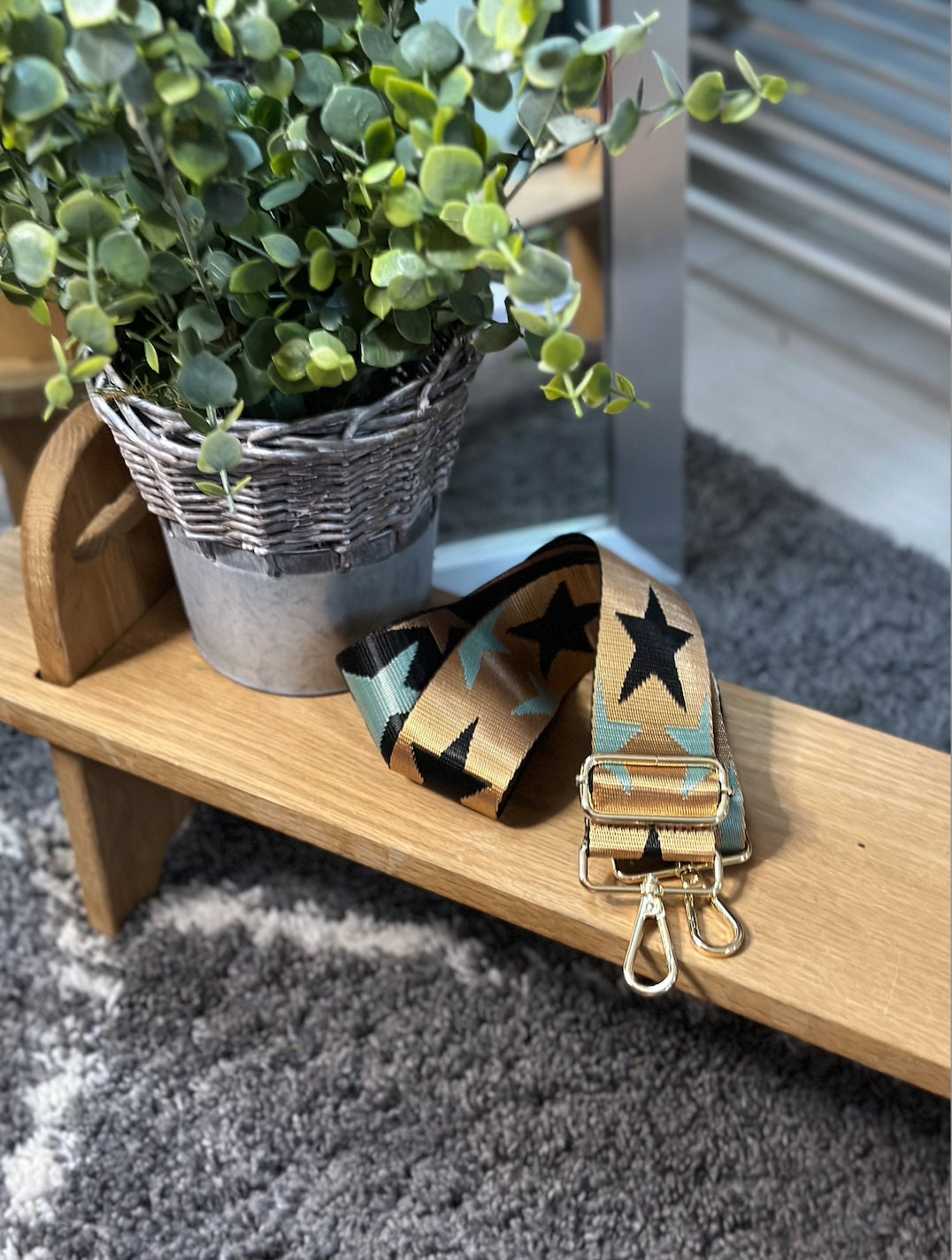 Black and Gold Star Handbag Straps, Detachable Bag Strap, Crossbody Long Strap, GOLD hardware Clip On Bag Strap