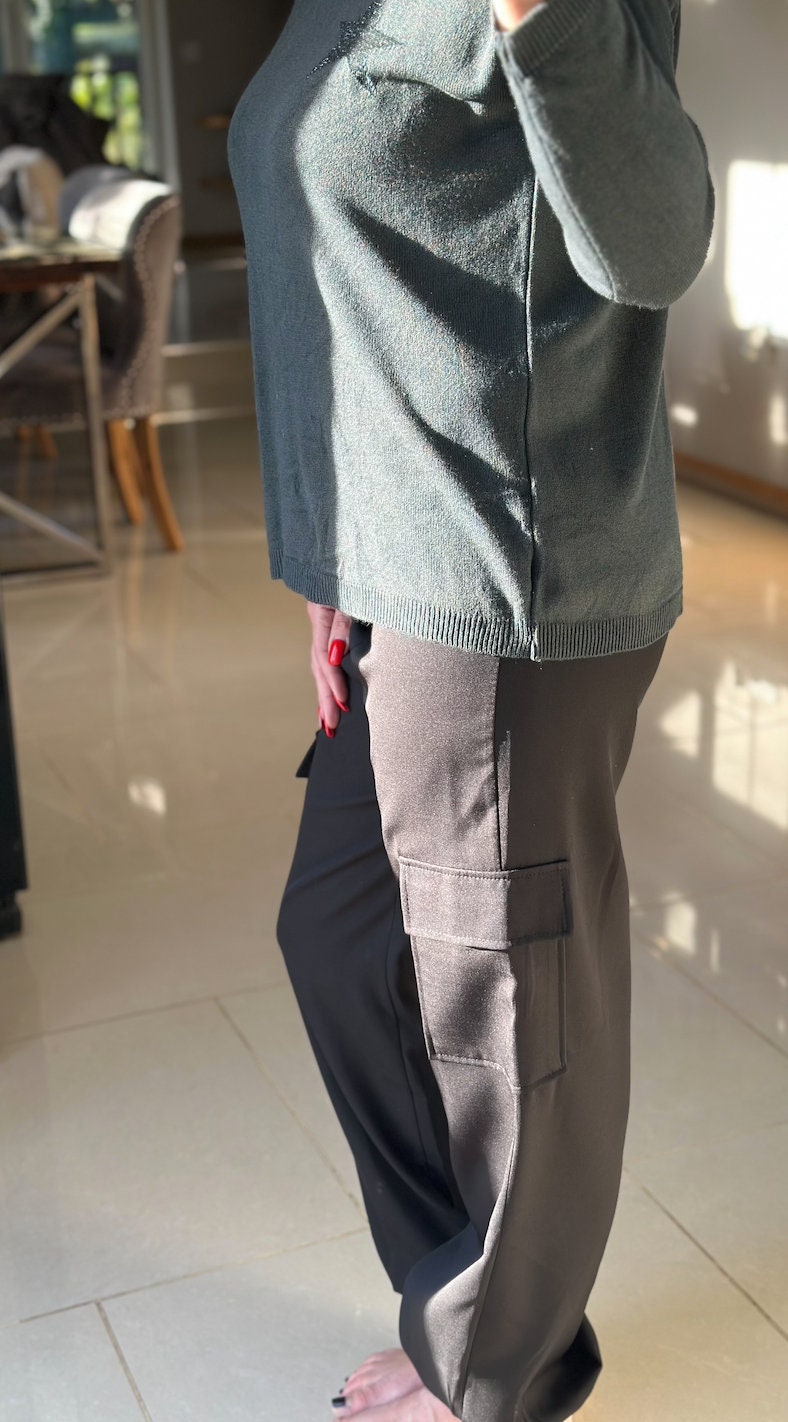 Made in Italy Black Satin Feel Chain Detail Cargo Trousers, Trousers