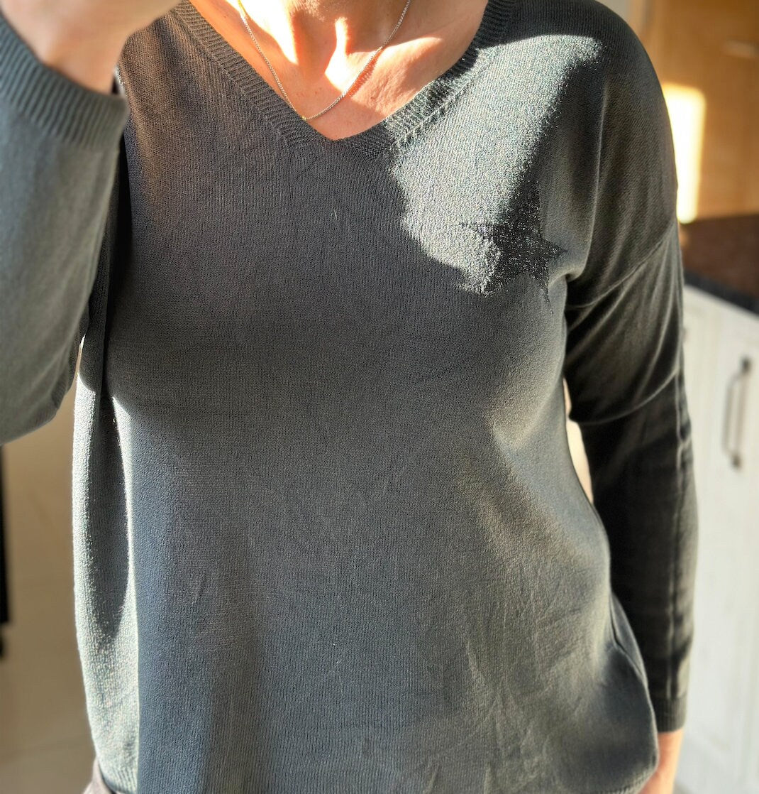Made in Italy Grey V Neck Star Super Soft Jumper, Sweatshirt, Pullover
