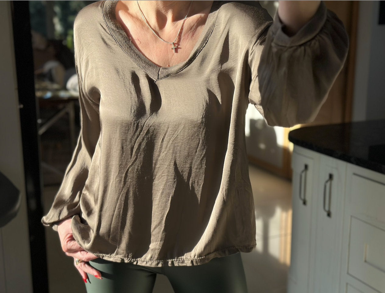 Made in Italy Chocolate Brown V Neck Silk Top, Blouse, Pullover