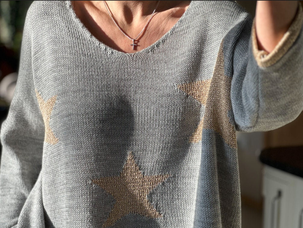 Made in Italy Grey and Gold V Neck Knitted Star Jumper, Metallic Star & Hem Knitted Pullover